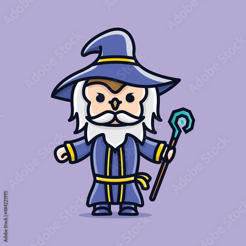 Cute wizard cartoon vector icon illustration logo mascot hand drawn concept trandy cartoon