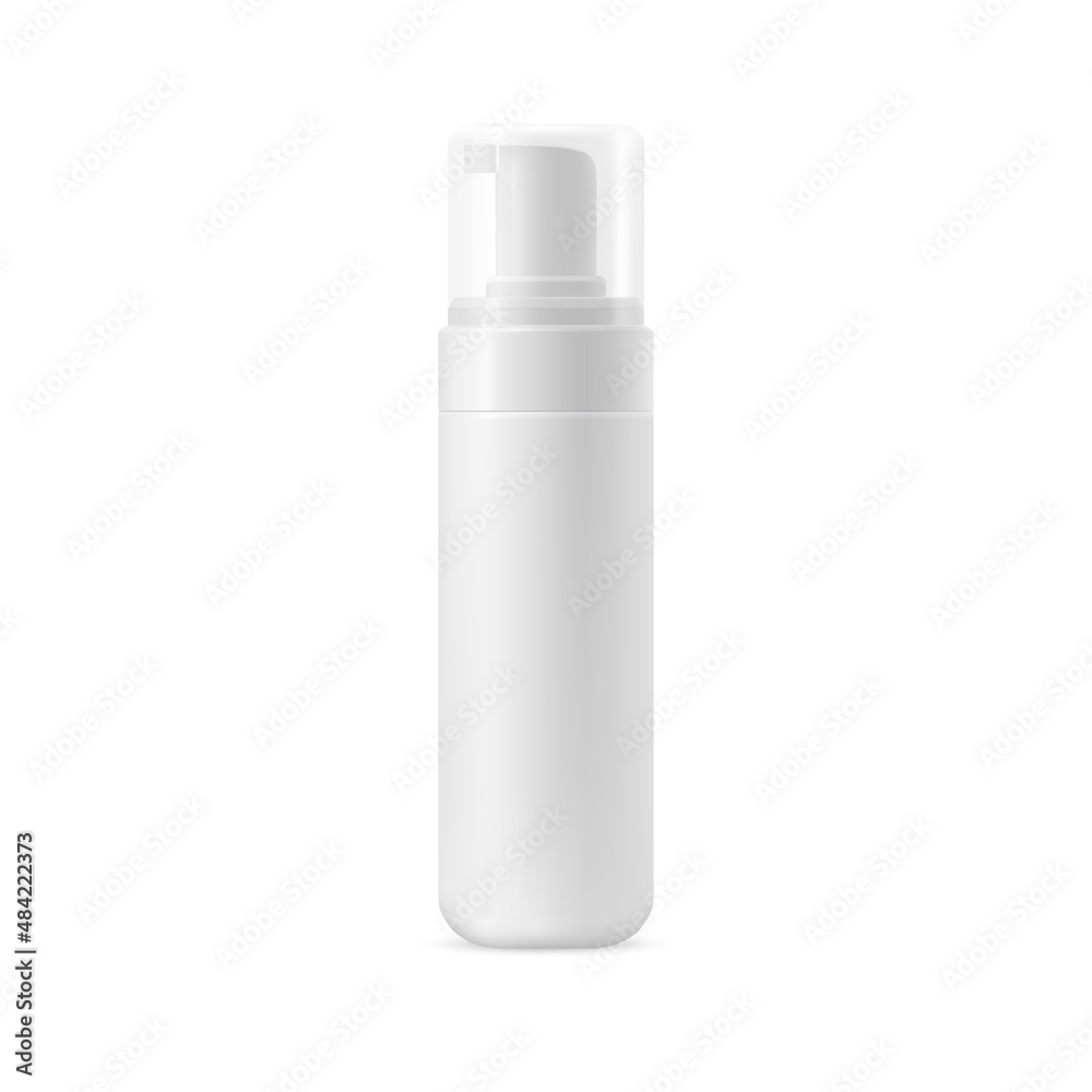 Vector mockup of a white container for facial cleanser. Realistic 3D illustration of a plastic bottle with a cap for cosmetics. Front view. Vector mockup of a white container for facial cleanser. Realistic 3D illustration of a plastic bottle with a cap for cosmetics. Front view.