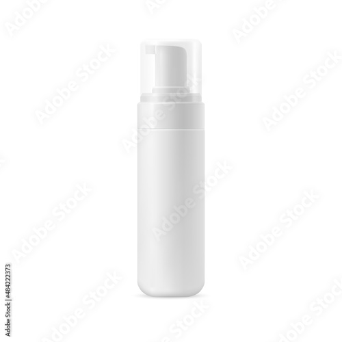 Vector mockup of a white container for facial cleanser. Realistic 3D illustration of a plastic bottle with a cap for cosmetics. Front view.
