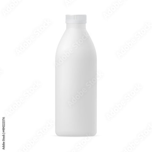 Fototapeta Naklejka Na Ścianę i Meble -  Vector 3d mockup of a plastic bottle for milk, kefir, dairy drinks with a cap on a white background. Packaging template for various liquids, medicines, cosmetics.