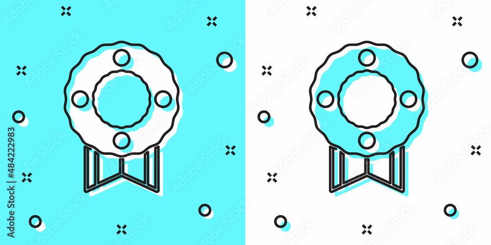 Obraz premium Black line Memorial wreath icon isolated on green and white background. Funeral ceremony. Random dynamic shapes. Vector