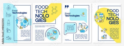 Food technologies blue and yellow brochure template. Processing techniques. Leaflet design with linear icons. 4 vector layouts for presentation, annual reports. Questrial, Lato-Regular fonts used