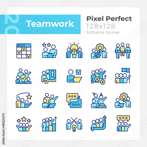 Teamwork pixel perfect RGB color icons set. Cooperation on project. Collaboration for work goals. Isolated vector illustrations. Simple filled line drawings collection. Editable stroke