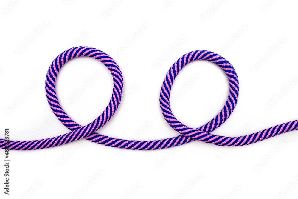 Two loops of multi-colored rope on a white background. Blue-pink rope ...