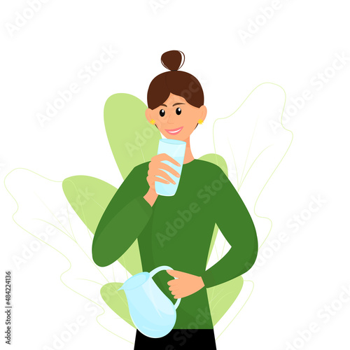 young woman drinks water from a glass and holds a decanter. The concept of quenching thirst and a healthy lifestyle. Flat vector illustration isolated on a white background