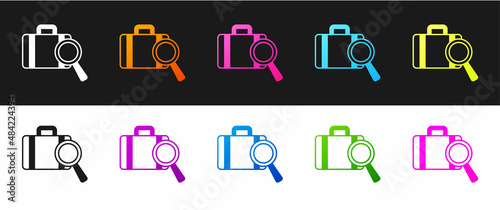Set Airline service of finding lost baggage icon isolated on black and white background. Search luggage. Vector