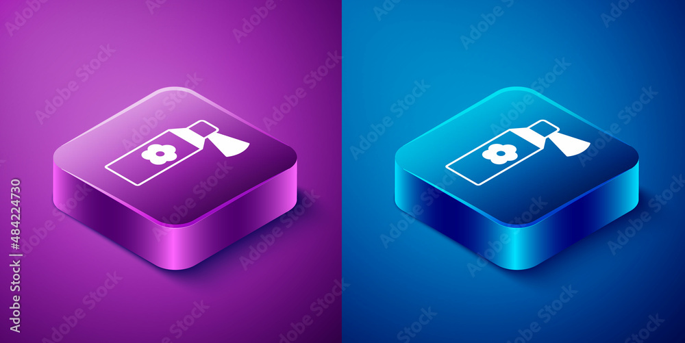 Isometric Air freshener spray bottle icon isolated on blue and purple background. Air freshener aerosol bottle. Square button. Vector Isometric Air freshener spray bottle icon isolated on blue and purple background. Air freshener aerosol bottle. Square button. Vector
