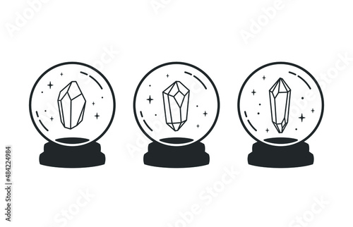 Collection of crystal balls. Divination and magic symbol. Good for the design of beauty products, magic and spirit shops and merchandise, tattoos. Vector illustration.