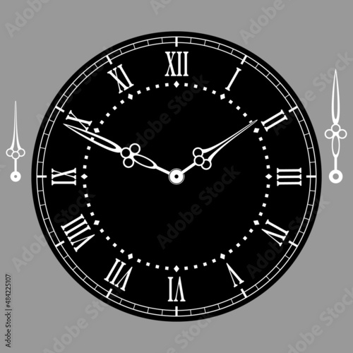 Round black dial with Roman numerals and hands. Vector illustration