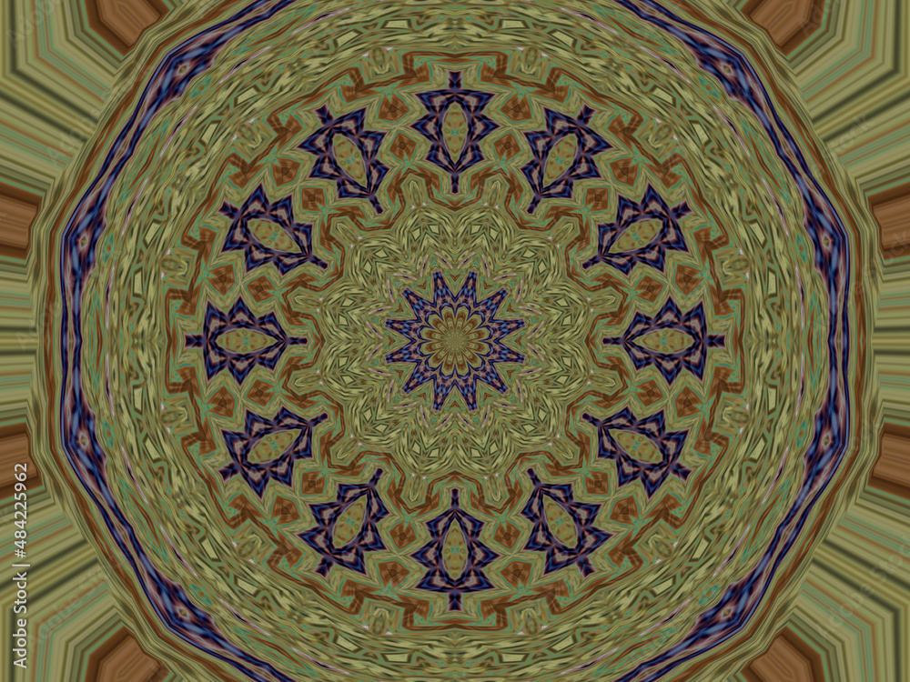 Mandala, spiritual pattern in purple green and brown