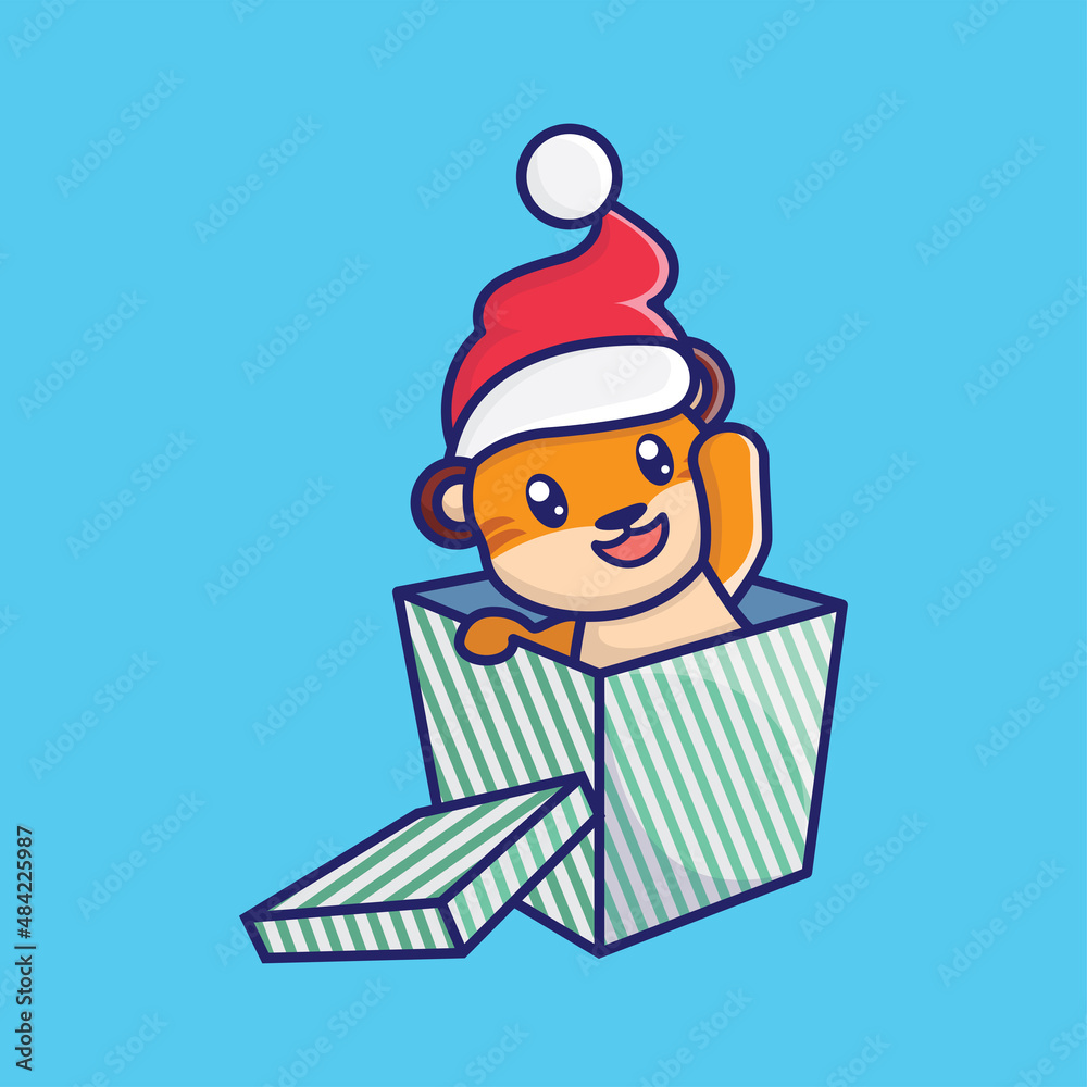 Cute cat gift on christmast cartoon vector icon illustration logo mascot hand drawn concept trandy cartoon Cute cat gift on christmast cartoon vector icon illustration logo mascot hand drawn concept trandy cartoon