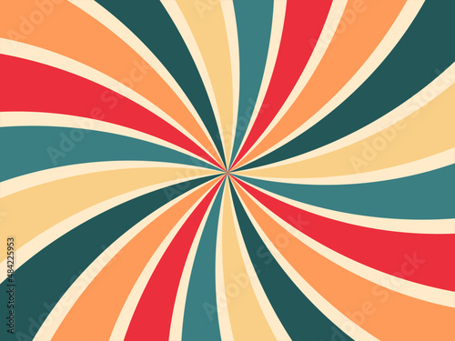 Retro starburst, sunburst effect, curvy stripes in yellow, orange, red and teal colors. Background for posters, invitation, greeting cards, montage, scrapbooking, banners or wrapping paper. © Anna