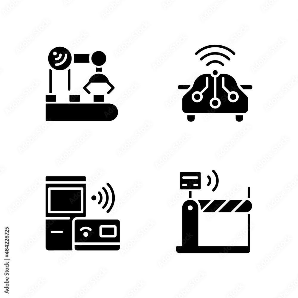 Wireless technologies black glyph icons set on white space. Remote device control. Internet of Things. Smart appliance tech. Silhouette symbols. Solid pictogram pack. Vector isolated illustration Wireless technologies black glyph icons set on white space. Remote device control. Internet of Things. Smart appliance tech. Silhouette symbols. Solid pictogram pack. Vector isolated illustration