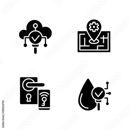 IoT technologies black glyph icons set on white space. Remote lock access. Water proof device. Internet of Things. Silhouette symbols. Solid pictogram pack. Vector isolated illustration