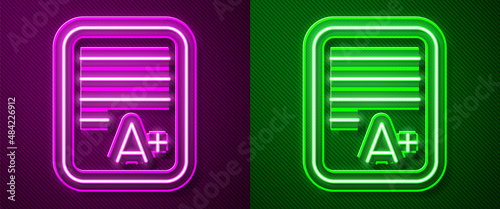 Glowing neon line Exam sheet with A plus grade icon isolated on purple and green background. Test paper, exam, or survey concept. School test or exam. Vector