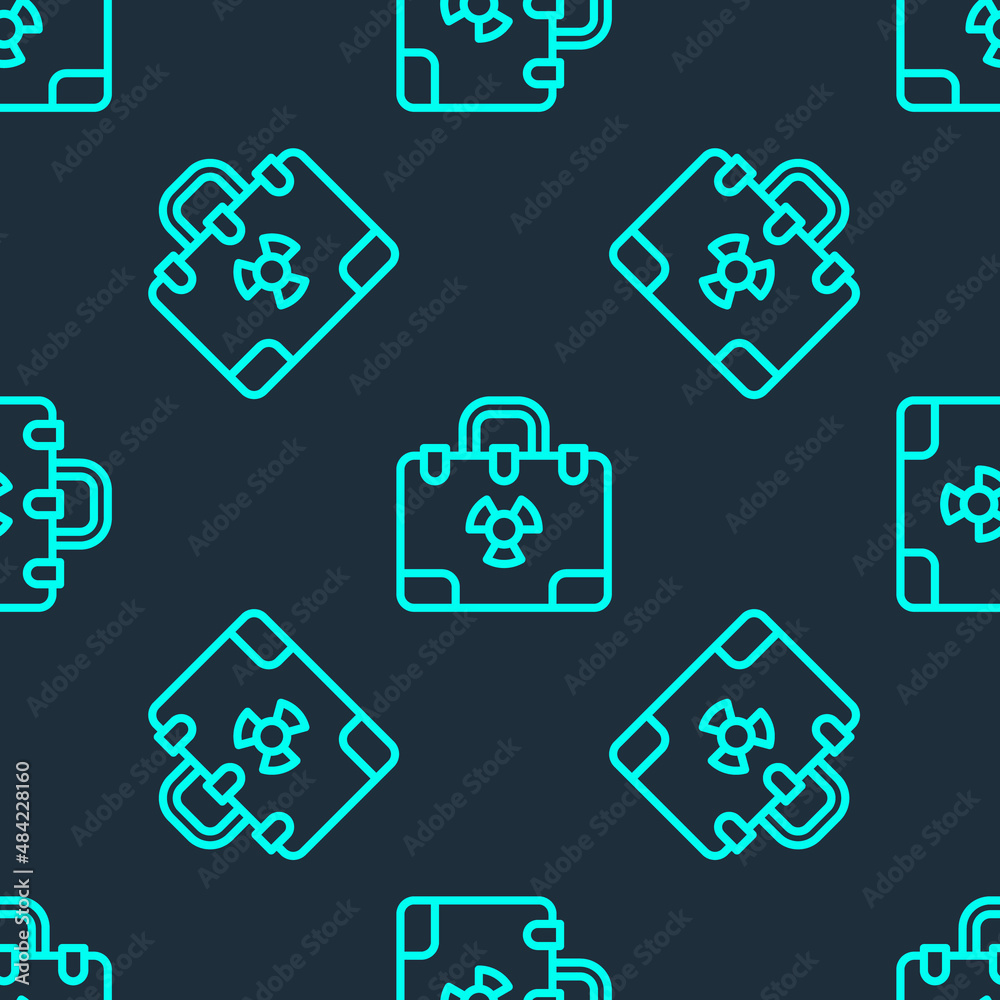 Fototapeta premium Green line Radiation nuclear suitcase icon isolated seamless pattern on blue background. Vector