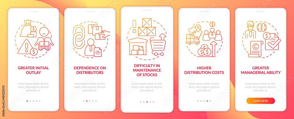 Export business struggles red gradient onboarding mobile app screen. Walkthrough 5 steps graphic instructions pages with linear concepts. UI, UX, GUI template. Myriad Pro-Bold, Regular fonts used