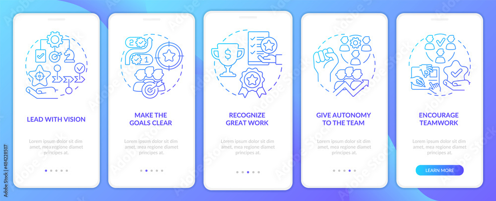 Boosting worker motivation blue gradient onboarding mobile app screen. Walkthrough 5 steps graphic instructions pages with linear concepts. UI, UX, GUI template. Myriad Pro-Bold, Regular fonts used