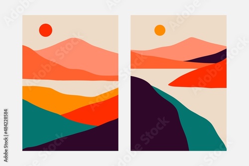 Landscape minimalist prints. Abstract nature set, contemporary mountain posters, hand drawn backgrounds. Vector illustration