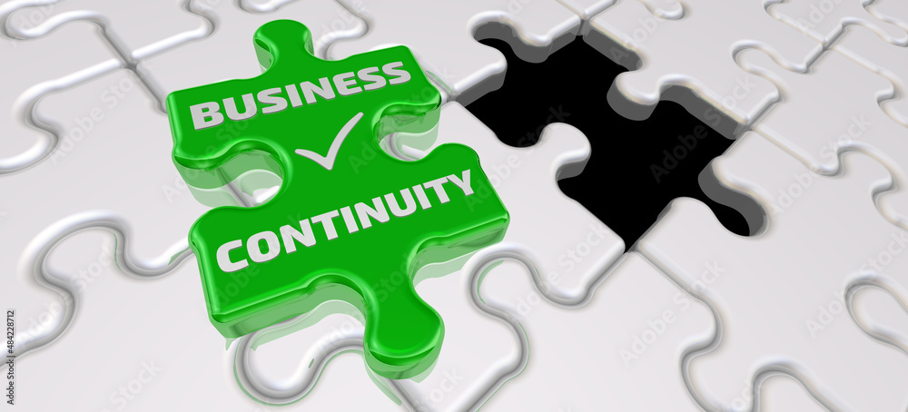 Business continuity. The inscription on the missing element of the puzzle. Folded white puzzles elements and one green with text BUSINESS CONTINUITY. 3D illustration Business continuity. The inscription on the missing element of the puzzle. Folded white puzzles elements and one green with text BUSINESS CONTINUITY. 3D illustration