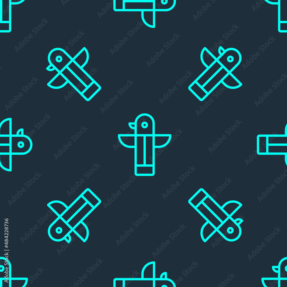 Green line Canadian totem pole icon isolated seamless pattern on blue background. Vector