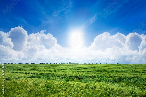 Beautiful religious background - bright light from heavens door, light of hope and happyness from skies photo