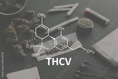 THCV chemical formula. Cannabis with the cannabichromene molecule. Tetrahydrocannabivarin photo