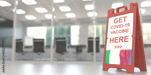 Flag of Italy on a COVID-19 vaccination centre signboard, 3D rendering