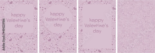 set of four pink valentines, love symbols on a delicate background, a glass of champagne, hearts, minimalism, flat vector graphics, sketch, place for text, valentines day greeting card, vector