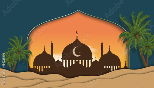 Islamic background with Mosque silhouette in sunset sky with crescent moon,Vector paper cut mosque window,Desert sand dunes landscape,Banner for Eid Mubarak, Ramadan Kareem, Eid al fitr, Eid al Adha photo