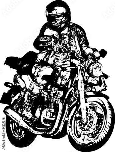 Biker on a motorcycle riding fast on the road. White silhouette of a motorcyclist in a helmet on a bike on a black background.