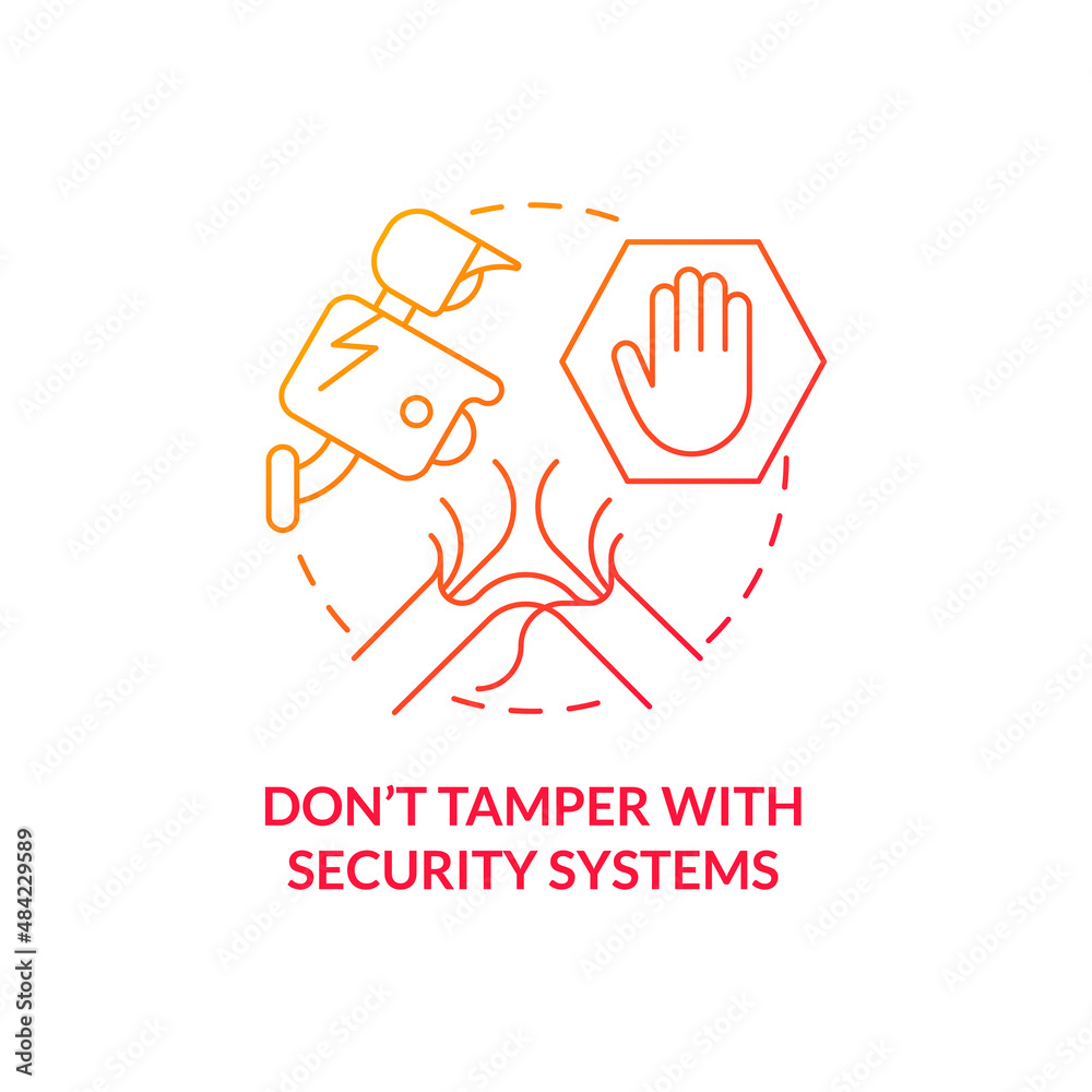 Dont tamper with security systems red gradient concept icon. Escape room ban abstract idea thin line illustration. Deliberate destruction risk. Isolated outline drawing. Myriad Pro-Bold font used Dont tamper with security systems red gradient concept icon. Escape room ban abstract idea thin line illustration. Deliberate destruction risk. Isolated outline drawing. Myriad Pro-Bold font used