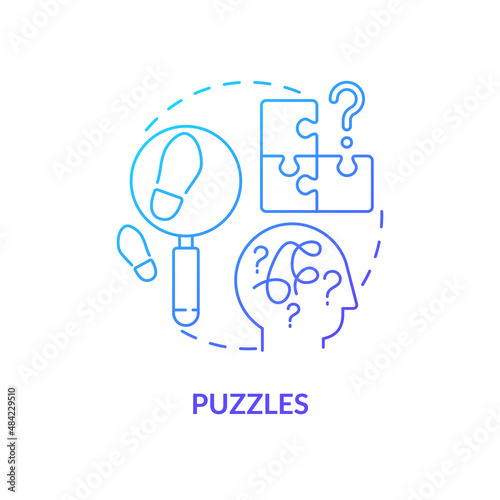 Puzzles blue gradient concept icon. Escape room general component abstract idea thin line illustration. Riddle-solving adventure. Detective mystery. Isolated outline drawing. Myriad Pro-Bold font used