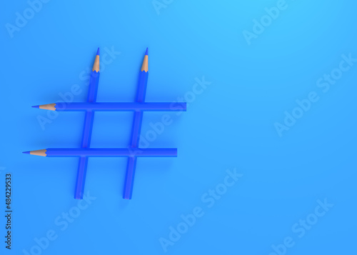 Hashtag sign made of pencil on blue background with copy space. Creative and social media community concepts. 3d render illustration