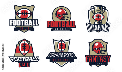 Set of logos, emblems american football. Collection of american football emblems. Sports championship, league champions, training school, helmet and ball. Vector illustration isolated on background