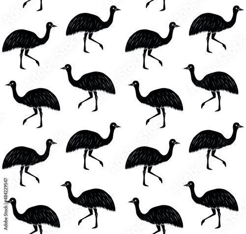 Vector seamless pattern of hand drawn doodle sketch black emu ostrich isolated on white background