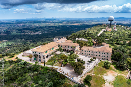 Aerial view, Monastery of Santuari de Nostra Senyora de Cura on Puig de Randa mountain, Pla de Mallorca Region, Mallorca, Balearic Islands, Spain