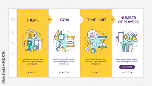 Escape rooms components yellow onboarding template. Numbers of players and goal. Responsive mobile website with linear concept icons. Web page walkthrough 4 step screens. Lato-Bold, Regular fonts used