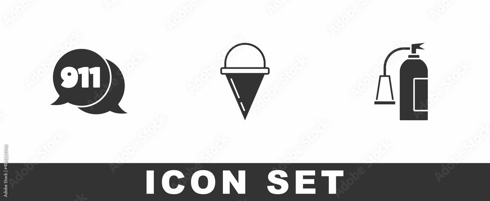 Set Telephone call 911, Fire cone bucket and extinguisher icon. Vector