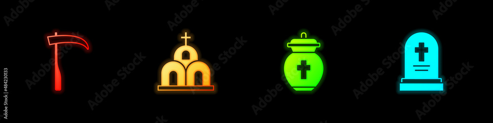 Fototapeta premium Set Scythe, Church building, Funeral urn and Grave with tombstone icon. Vector