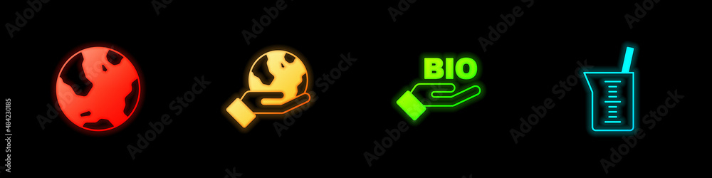 Fototapeta premium Set Earth globe, Hand holding, Bio healthy food and Laboratory glassware or beaker icon. Vector