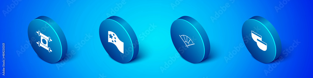 Set Isometric Decree, paper, parchment, scroll, Chinese or japanese folding fan, tea ceremony and China flag icon. Vector Set Isometric Decree, paper, parchment, scroll, Chinese or japanese folding fan, tea ceremony and China flag icon. Vector