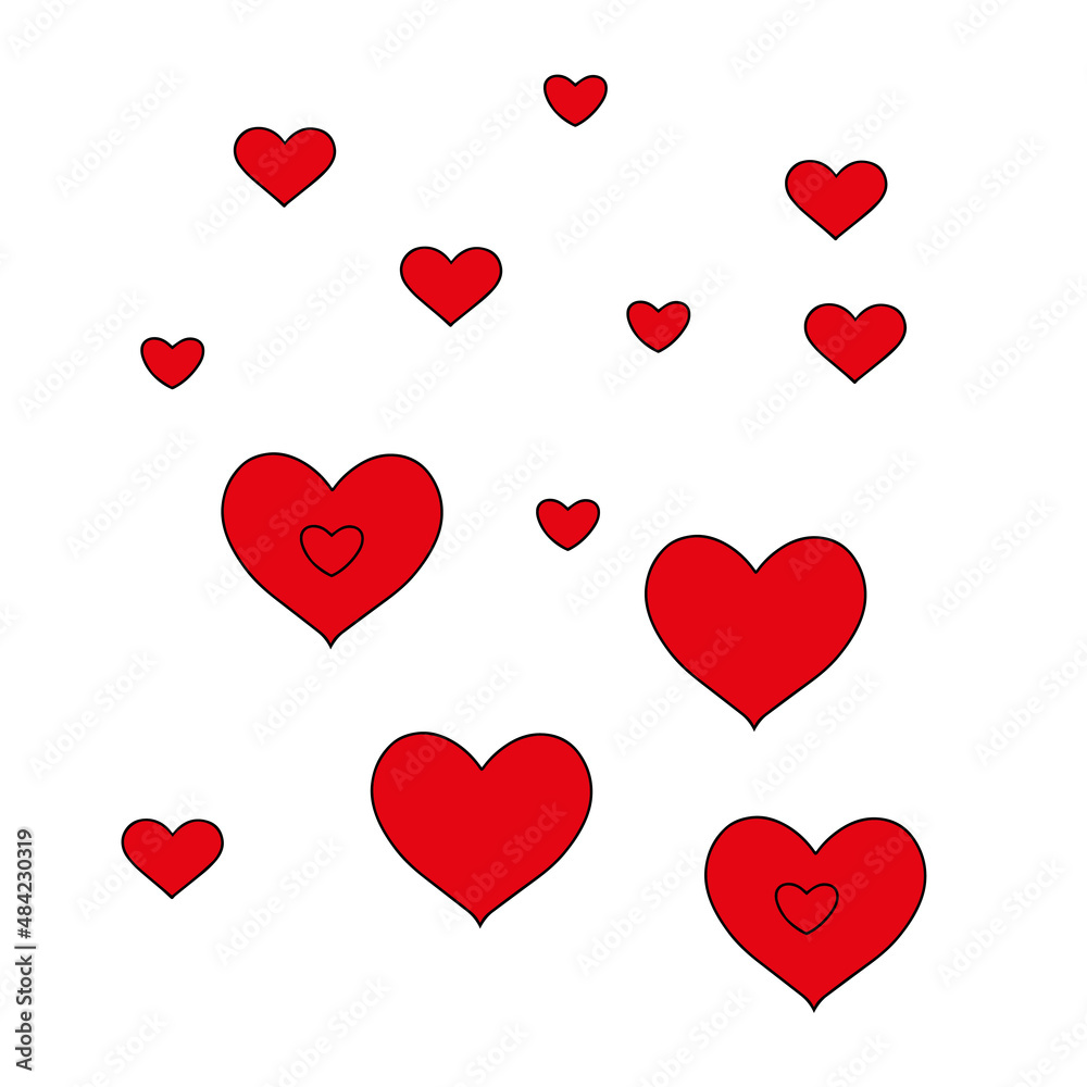 Outline vector illustration of a group of beautiful bright red hearts isolated on a white background