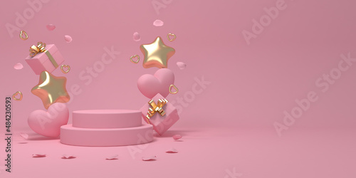 Happy Valentine's Day. Horizontal template poster, greeting card, headers for website. Product podium. Hearts, stars, gifts soar near the podium. 3D rendering. 