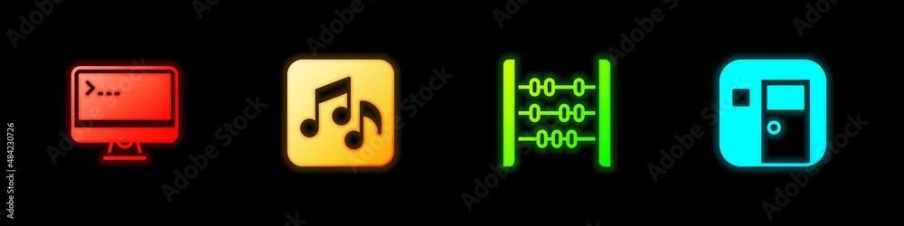 Set Computer monitor, Music note, tone, Abacus and School classroom icon. Vector Set Computer monitor, Music note, tone, Abacus and School classroom icon. Vector
