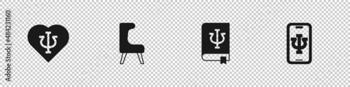 Set Psychology, Psi, Armchair, book, and Psychologist online icon. Vector