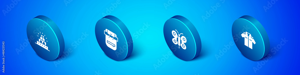 Set Isometric Chichen Itza in Mayan, Butterfly, Shirt and Hiking backpack icon. Vector Set Isometric Chichen Itza in Mayan, Butterfly, Shirt and Hiking backpack icon. Vector