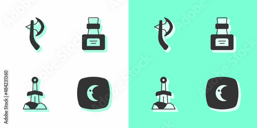 Set Moon and stars, Wooden axe, Sword in the stone and Bottle with potion icon. Vector