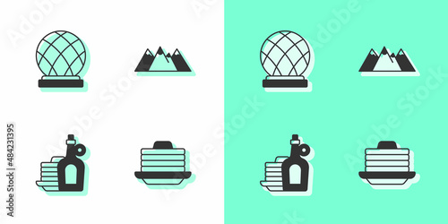 Set Stack of pancakes, Montreal Biosphere, Syrup with and Mountains icon. Vector