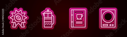 Set line Medal for coffee, French press, Coffee book and Electronic scales. Glowing neon icon. Vector